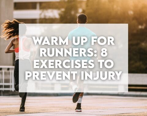Photo of a guy and a girl running on a paved trail right before sunset. Overlay is a white text box with text that says Warm Up for Runners: 8 Exercises to Prevent Injury