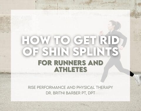 Woman running in background, with text overlay that says how to get rid of shin splints