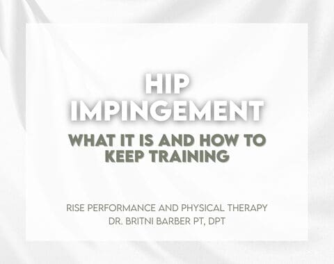 White background with text overlay saying "Hip Impingement: What It Is and How to Keep Training"