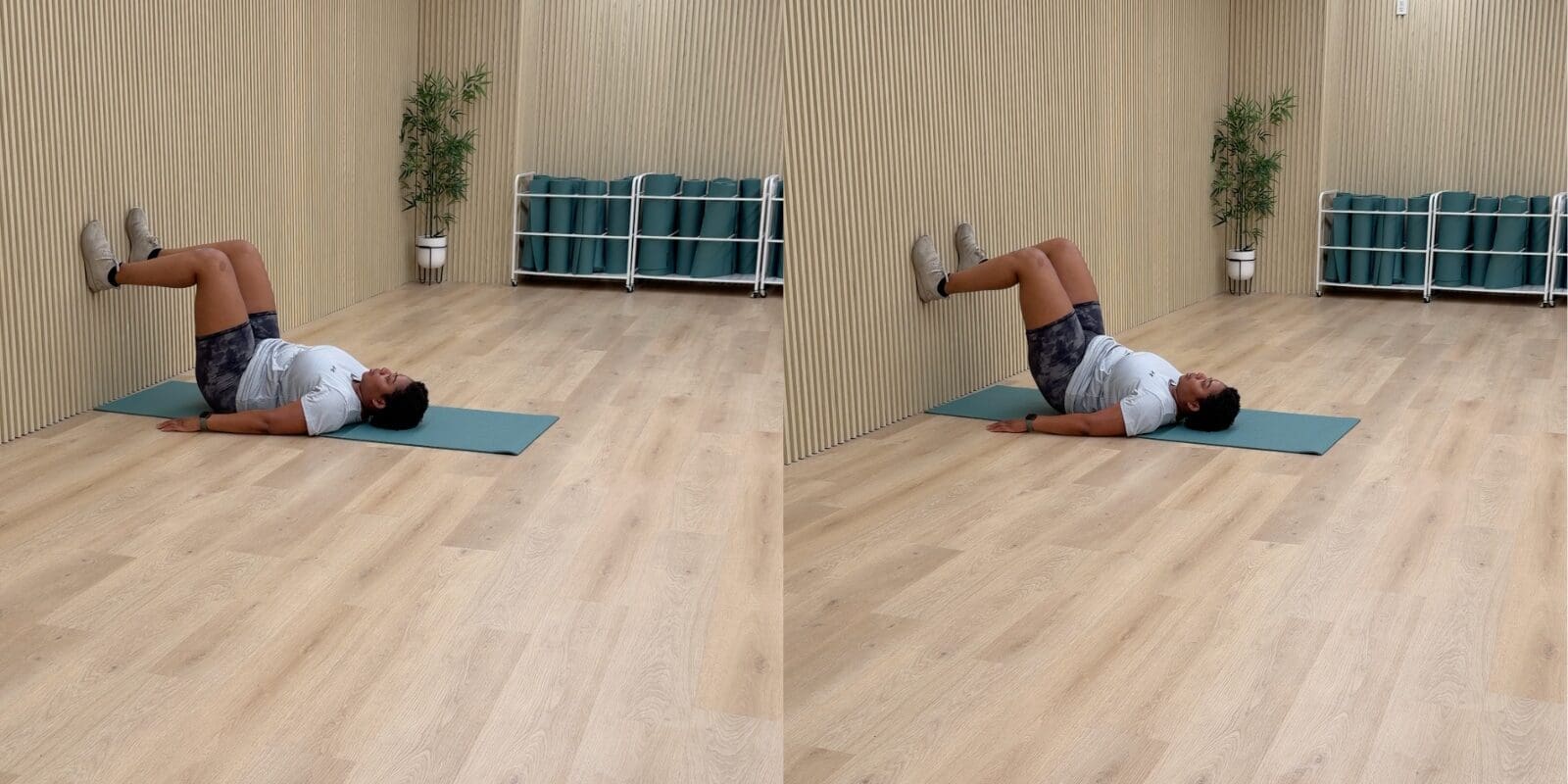 Person performing a segmental hip lift exercise for anterior pelvic tilt